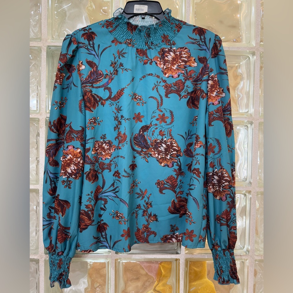 Elegant Floral Women's Blouse in Teal and Brown